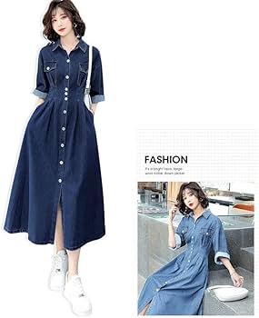 N/A Long Vintage Denim Shirt Dress Spring Autumn Slim Long Sleeves